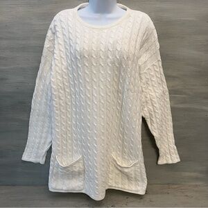 Vintage Count Down White Linen Cotton Cable Knit Long Crewneck Sweater Size 0 GC